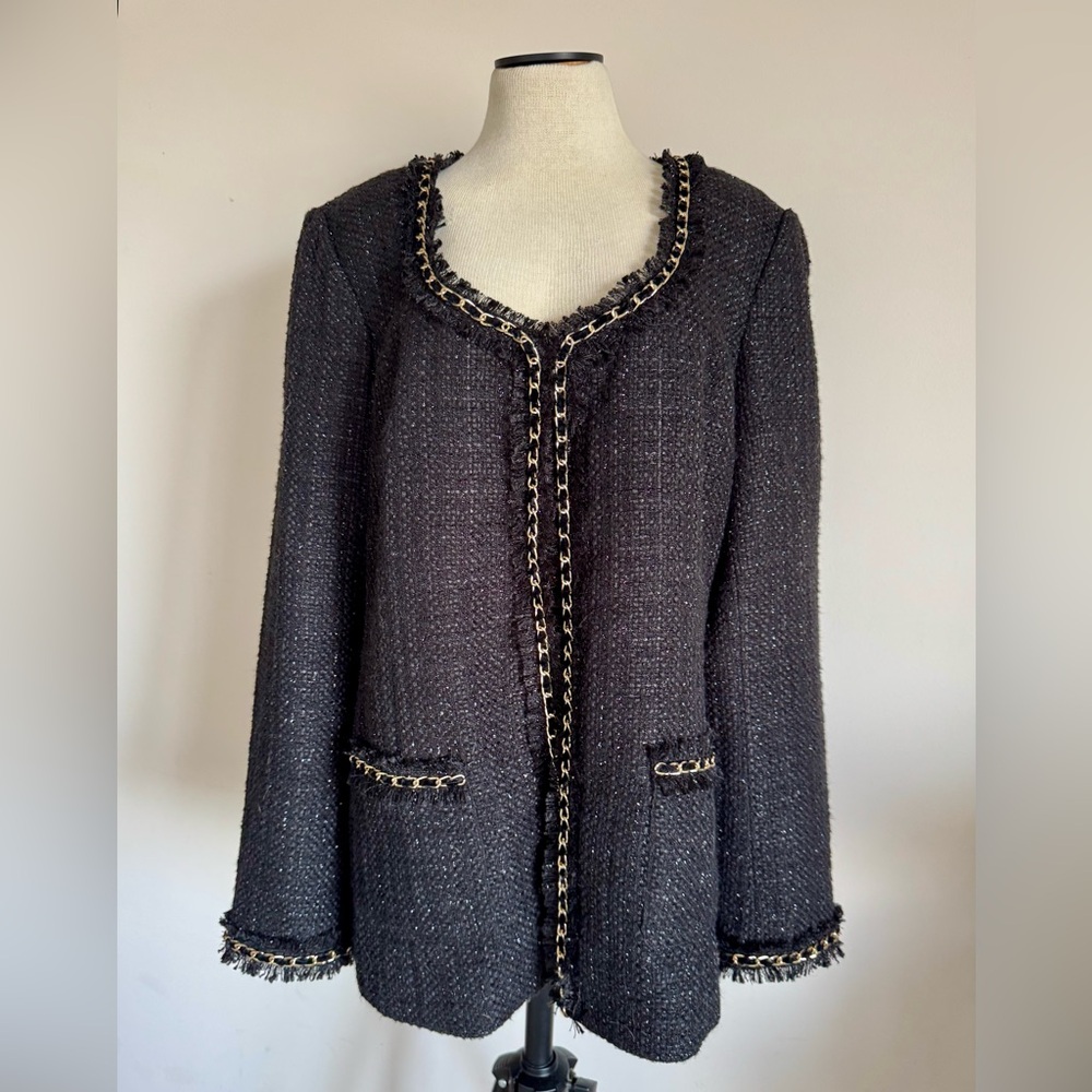 BOSTON PROPER Black Tweed Jacket Coat with Gold Chain Size 18